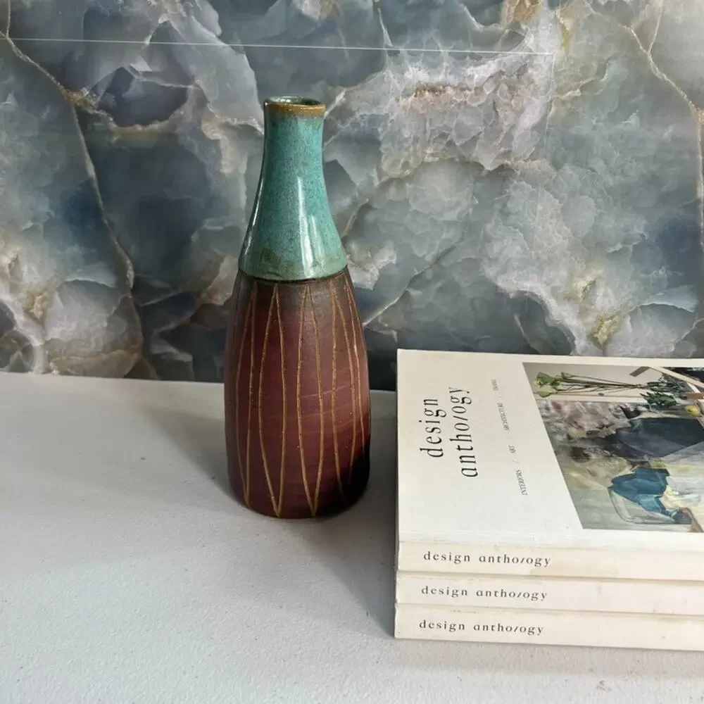 Studio Art Vase Pottery Stoneware Blue Brown Geometric Carved Sullivan Vermont